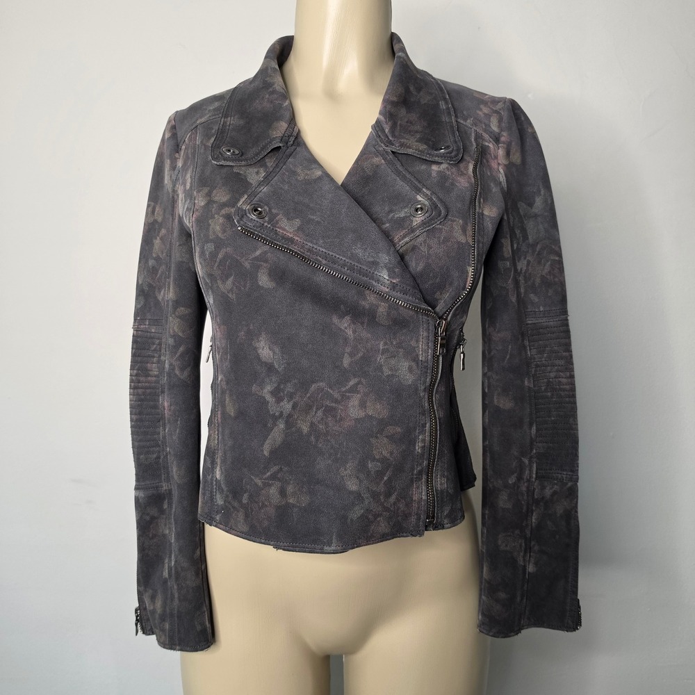 Marrakech Jacket Women XS Grey Floral Moto Asymmetrical Zip Ribbed MJ5209E